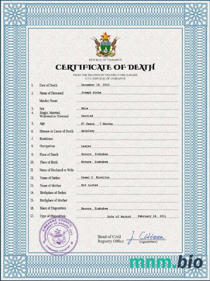 Zimbabwe śmierć certyfikat PSD szablon